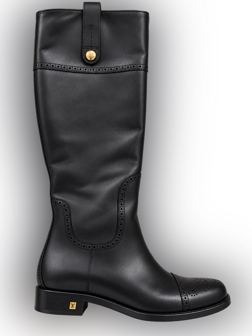 Louis Vuitton Black Leather Over-the-Knee Brogue-Trim Boot
